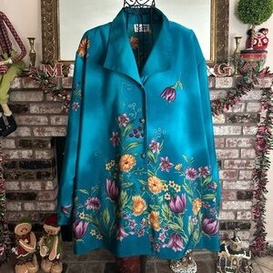 Vintage Maggie Sweet Teal Blue Floral Button-Up Blouse or Jacket Sz 3X